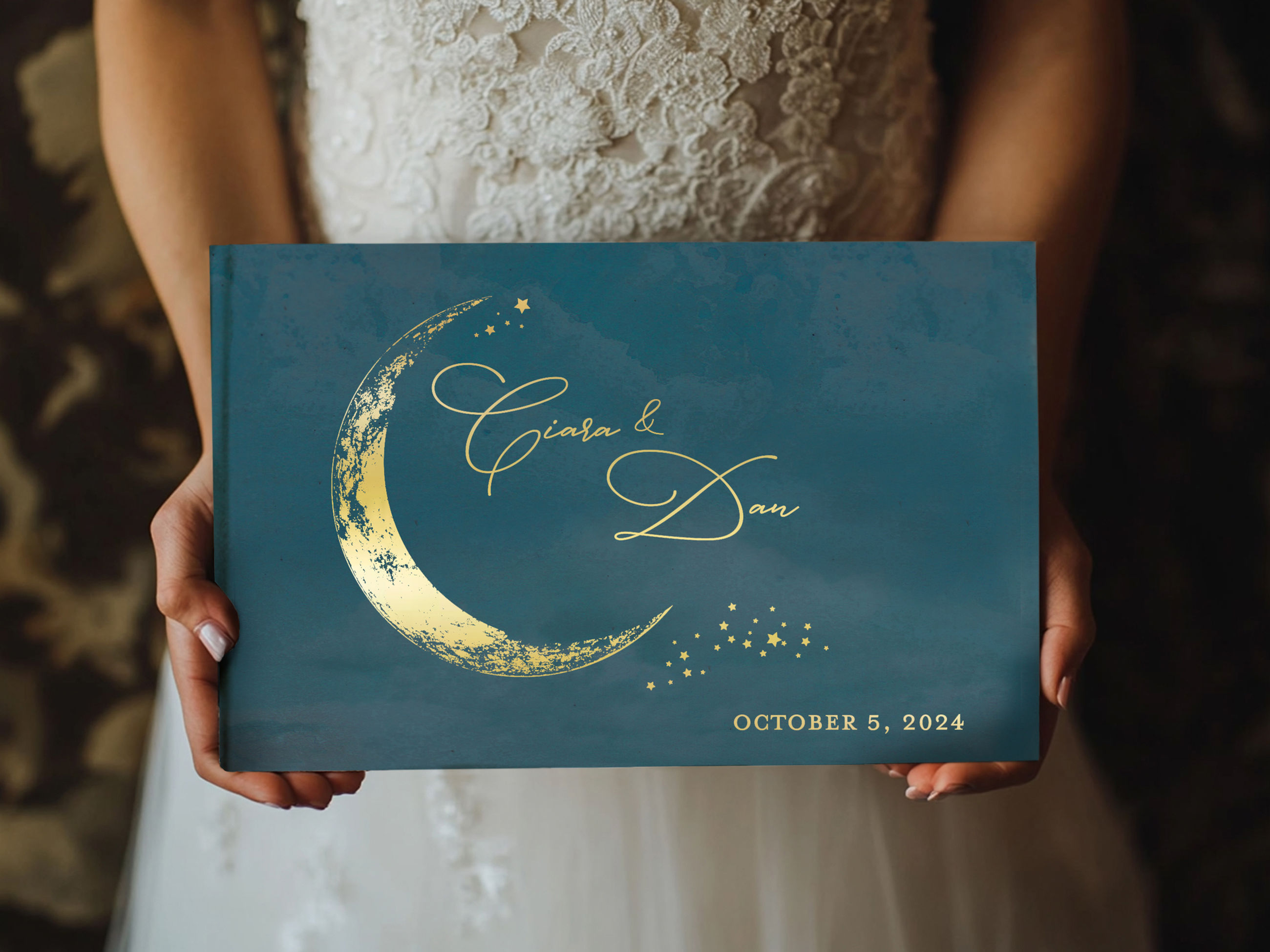 teal navy blue wedding guest book moon stars gold polaroid book