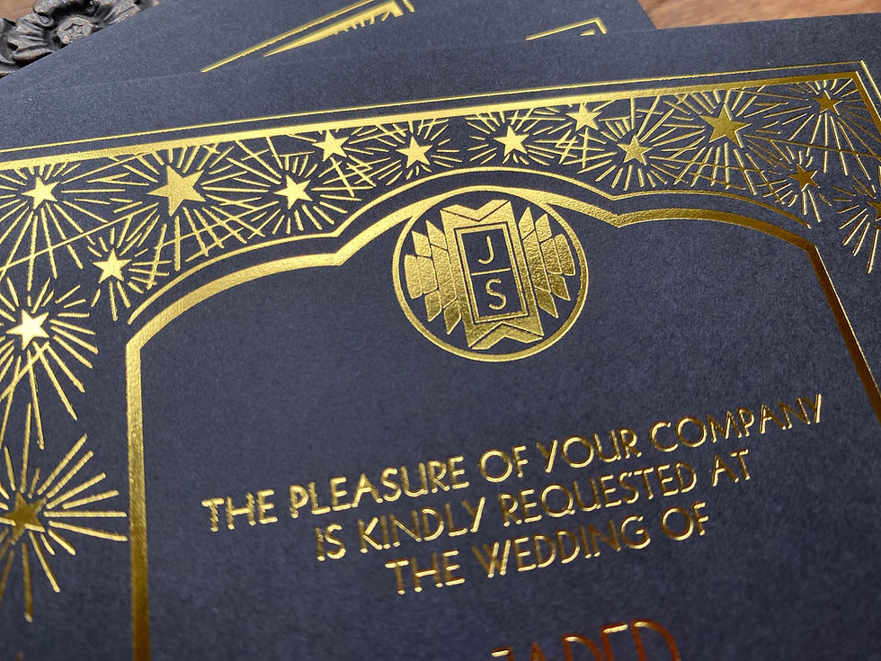 Thumbnail: black & gold metallic foil art deco gatsby wedding invitations save the dates