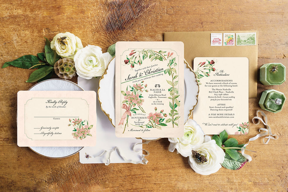 Thumbnail: garden wedding invitations rose peony blush sage gold