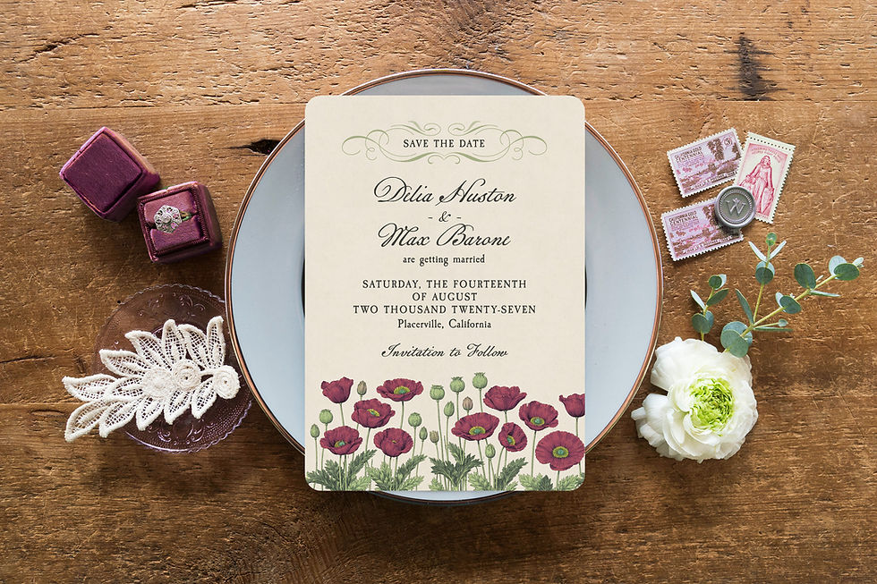 Thumbnail: burgundy save the date cards wedding invitations poppies peonies wildflowers