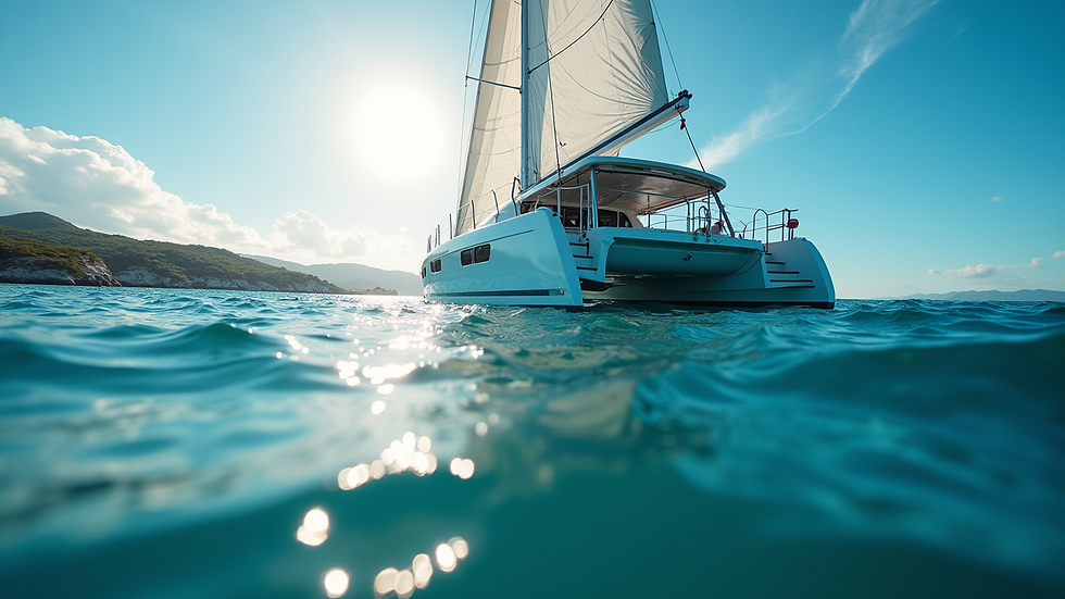 Eye-level view of a private catamaran sailing in clear blue waters