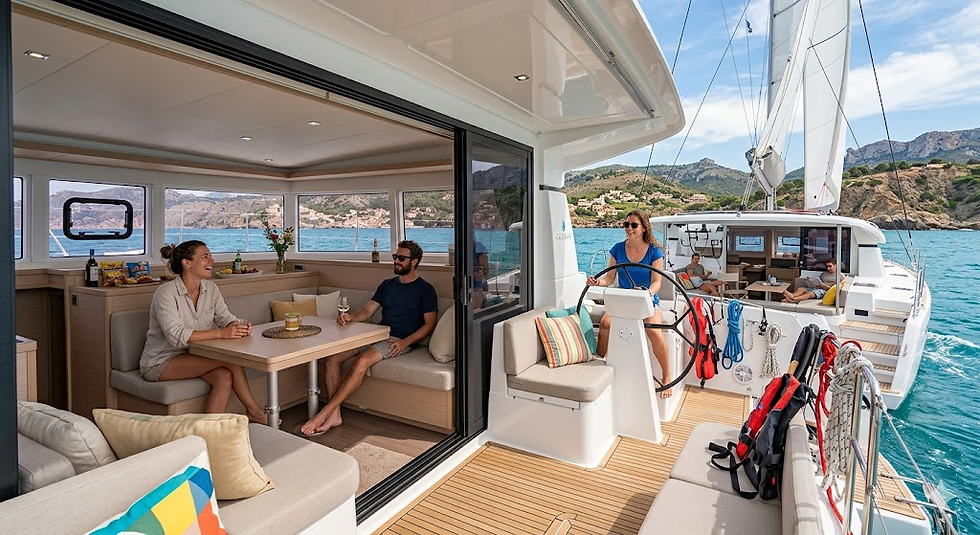 Lagoon 38 catamaran with open saloon and outdoor cockpit seating.