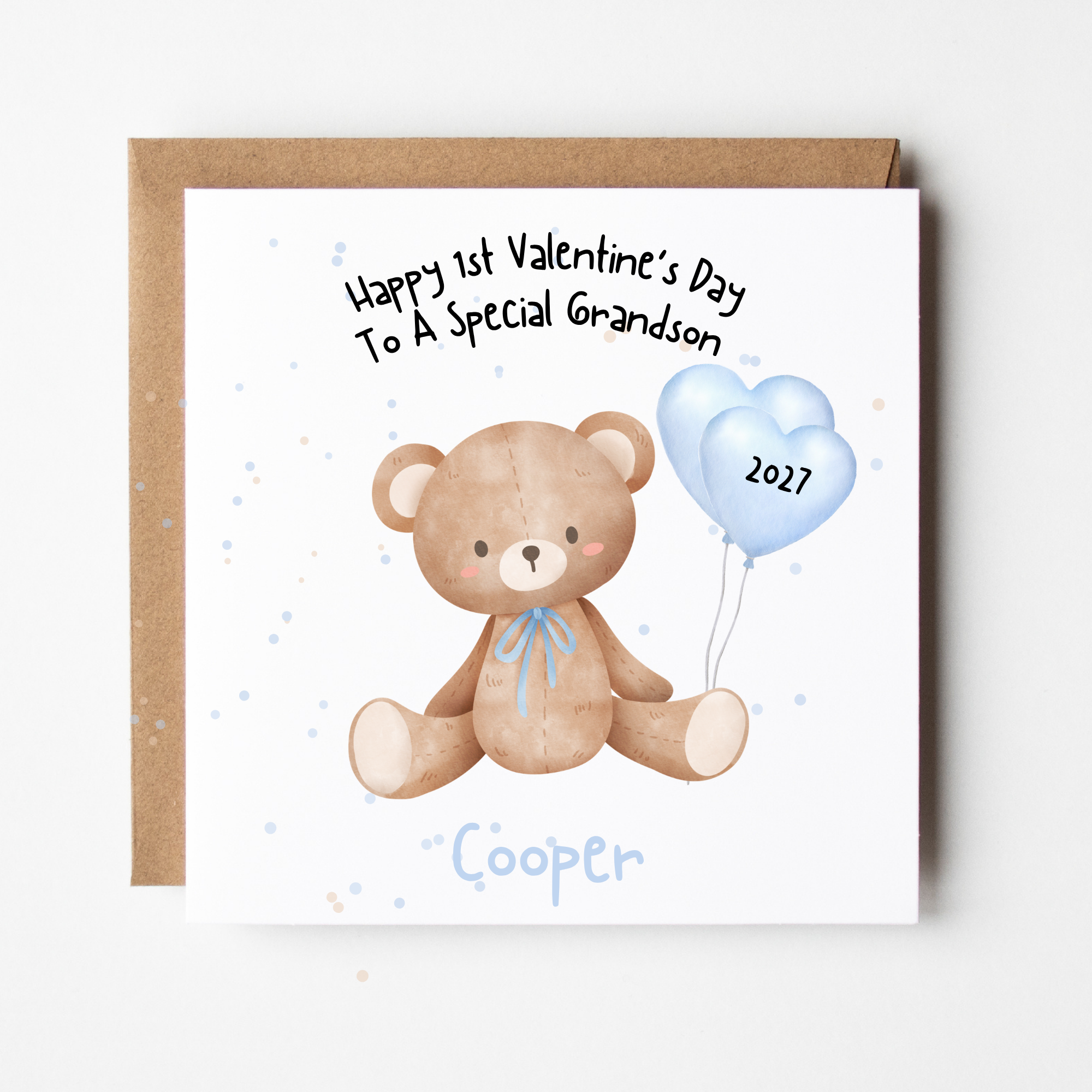 Personalised 1st Valentine Card for Grandson with a teddy and ballons