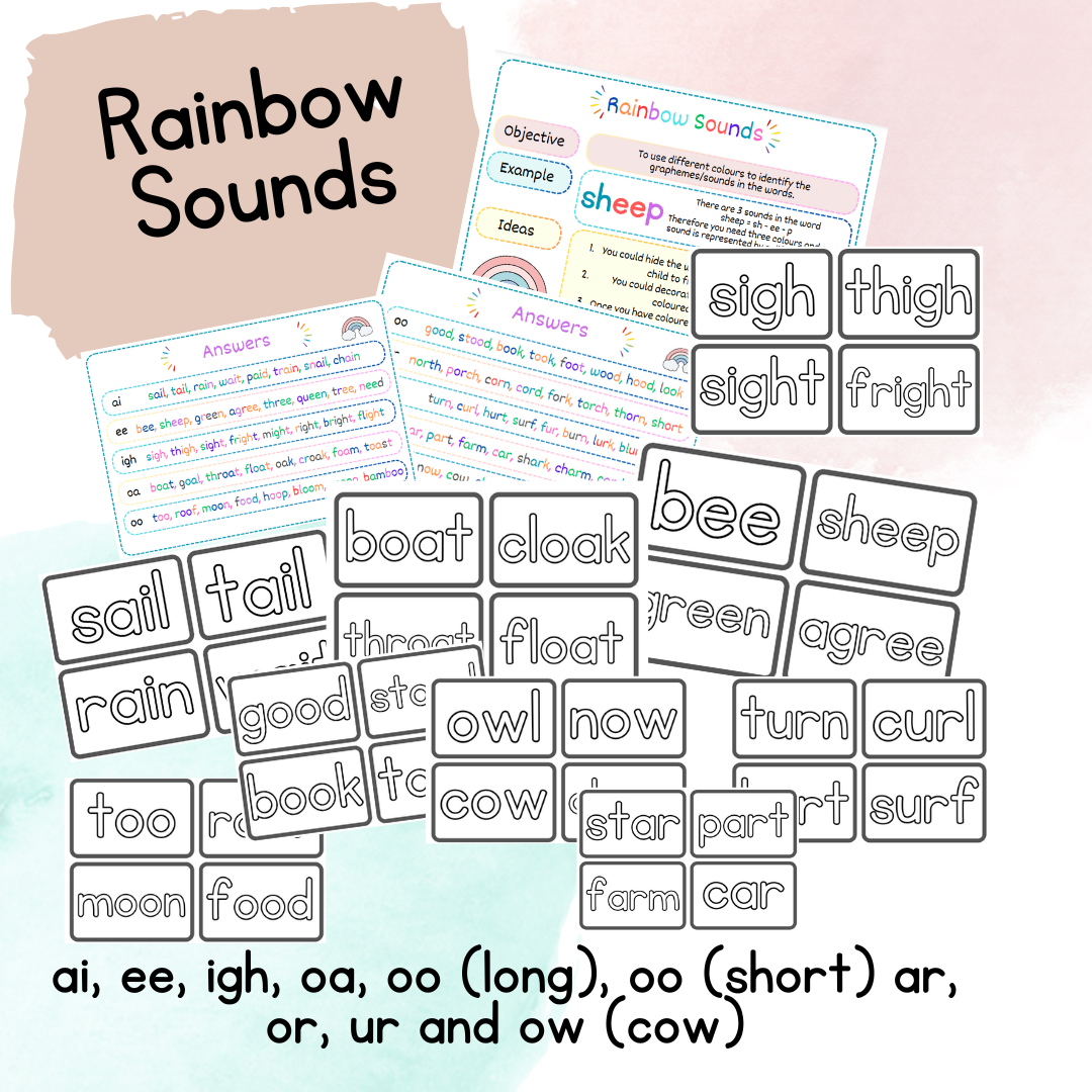 Rainbow Words ai, ee, igh, oa, oo, oo, ar, or, ur, ow.