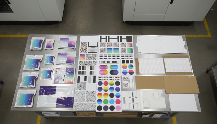 Overhead view of printed labels, flexible pouches, cartons, and corrugated samples on an inspection table.
