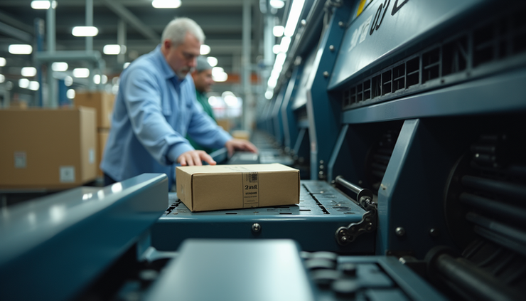 Eye-level view of a printing press operator adjusting machinery in a packaging plant