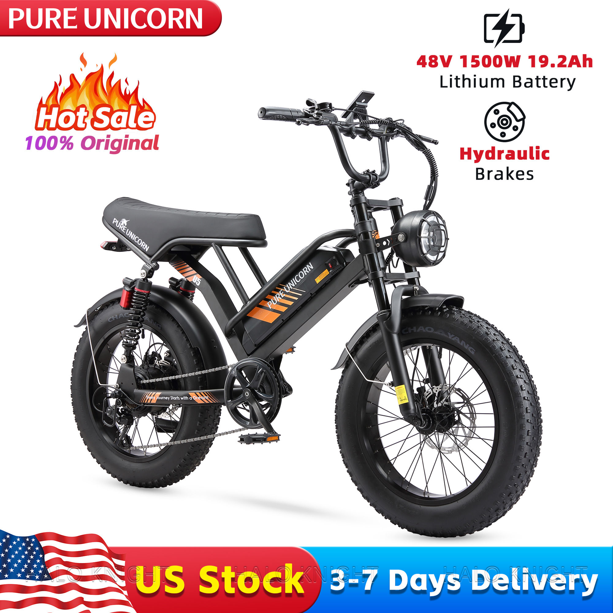 PURE UNICORN U5 1500W 20 Inch Fat Tire Adult Electric Bike 28MPH Ebike 48V 19.2A