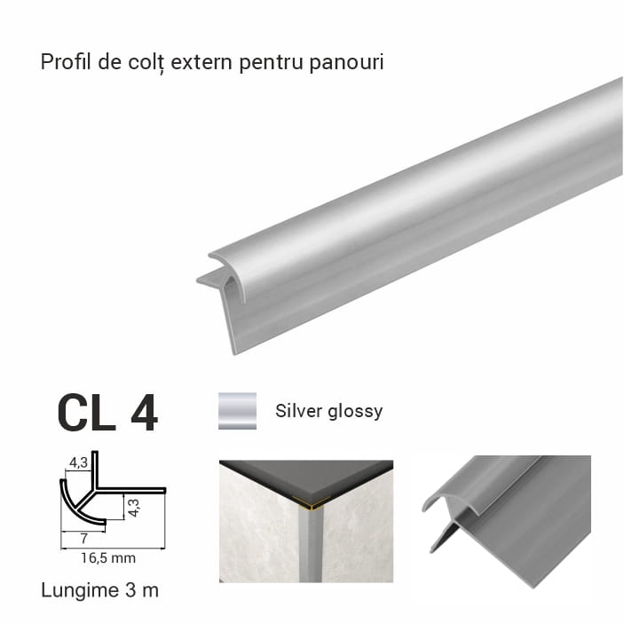 CL 4, Profil de unghi extern p/u panouri, 3 m, Silver Glossy