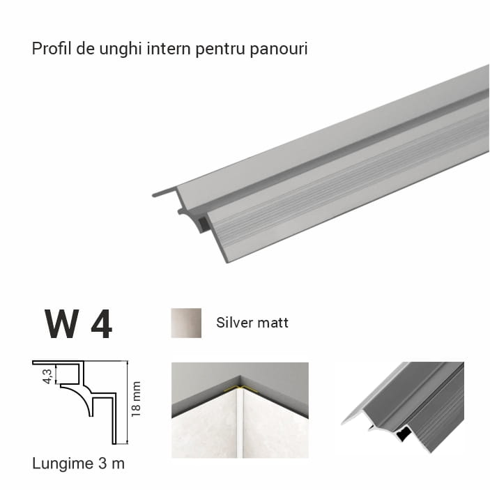 W4, Profil de unghi intern p/u panour, 3 m, Silver Matt