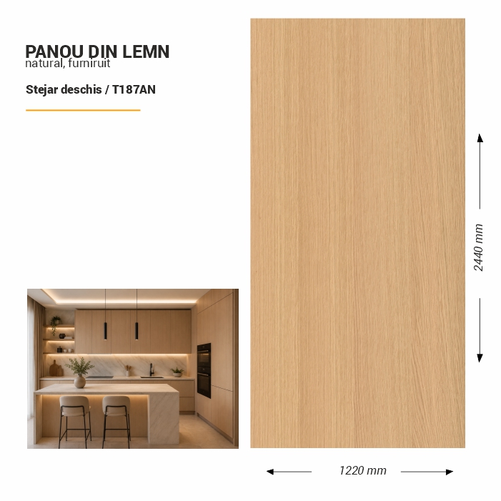 Panou din lemn furniruit, T187AN, Stejar deschis, 2440x1220x3.8mm