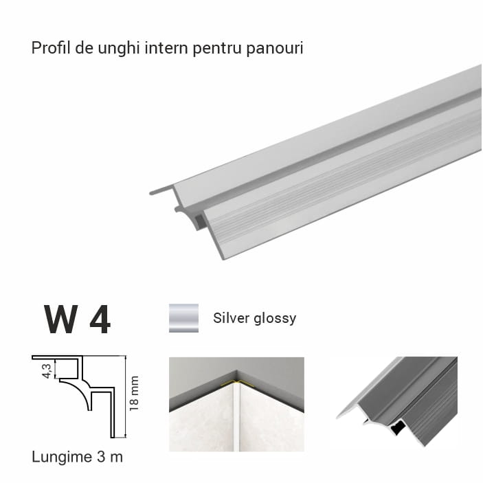 W4, Profil de unghi intern p/u panour, 3 m, Silver Glossy