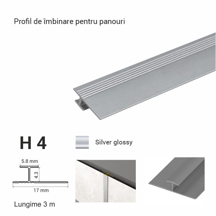 H4, Profil de îmbinare p/u panouri, 3 m, Silver Glossy