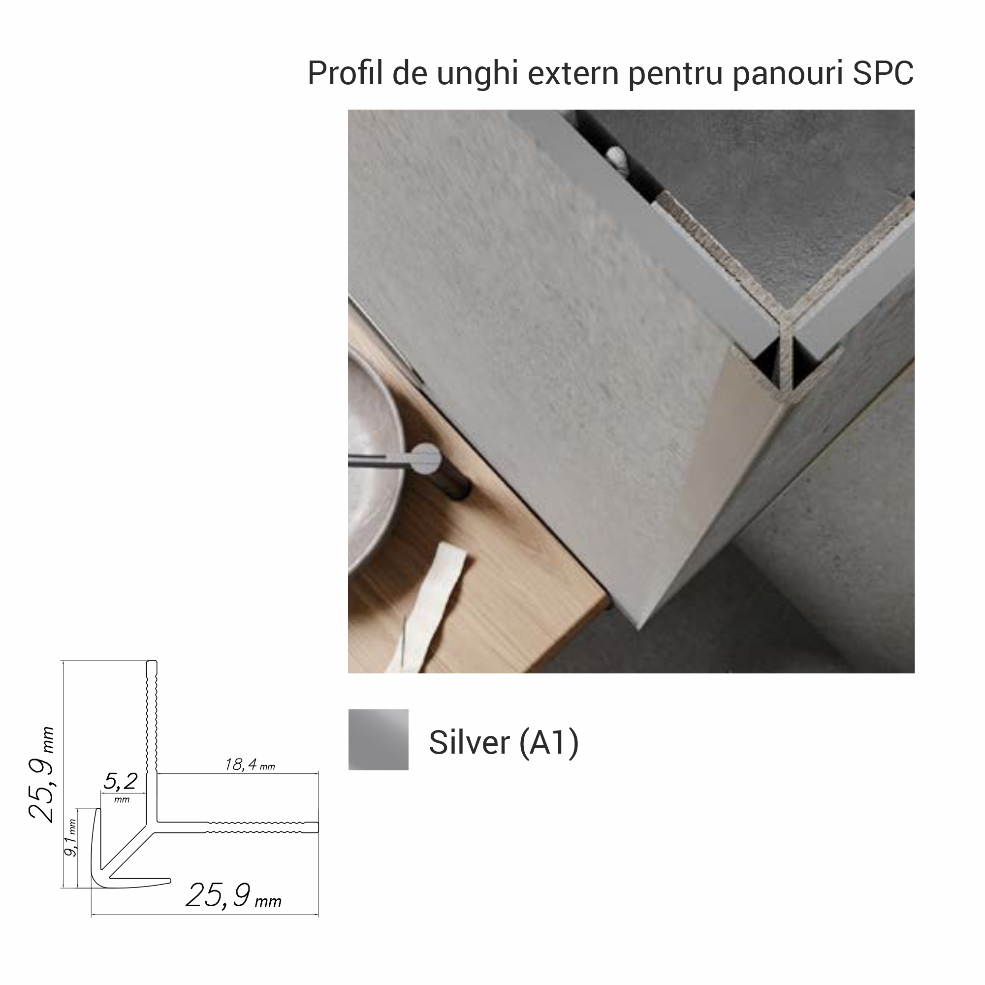 NZ-A1, Profil de unghi extern p/u panouri SPC, 2.8 m, Silver