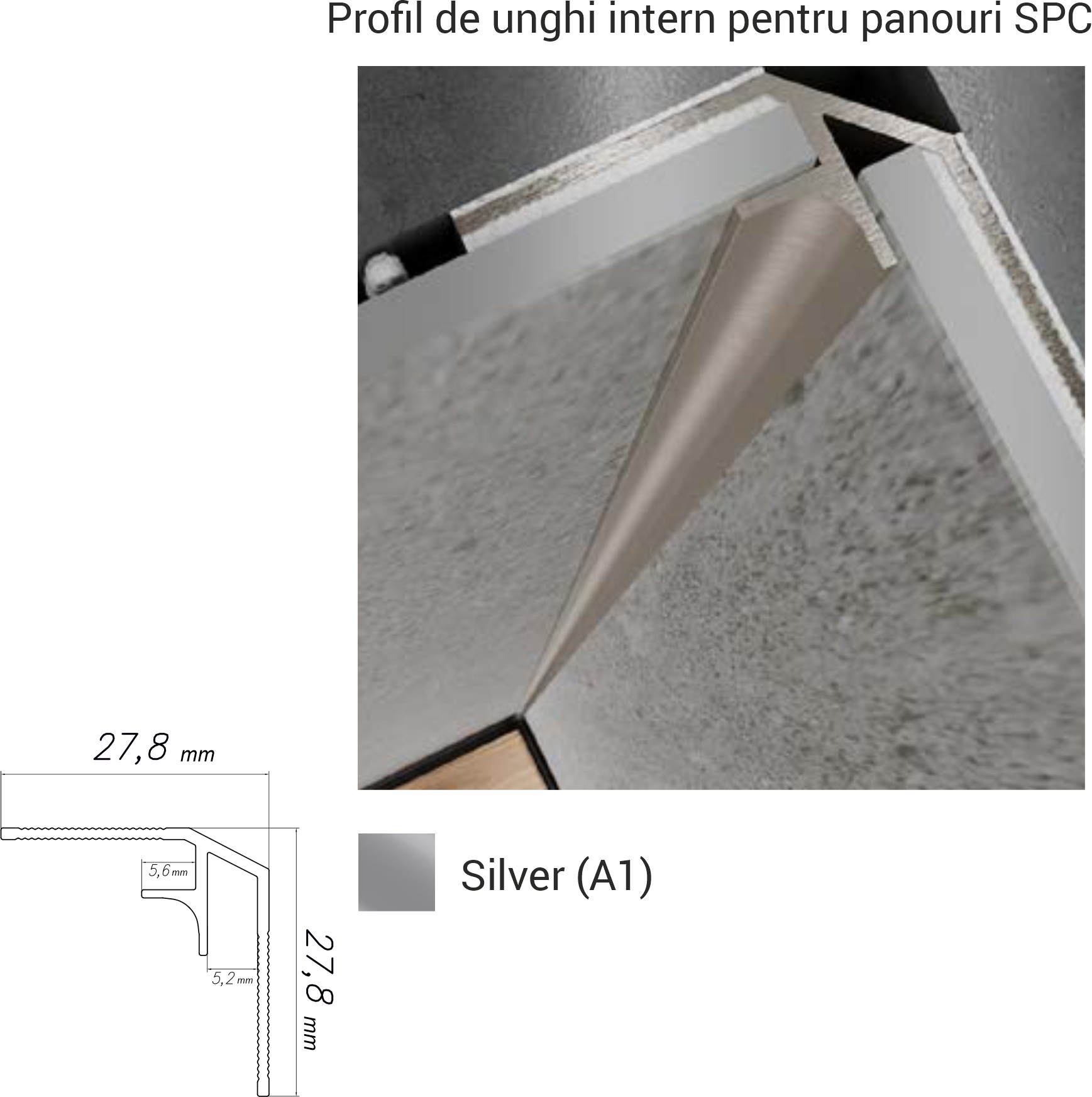 NW-A1, Profil de unghi intern p/u panouri SPC, 2.8 m, Silver