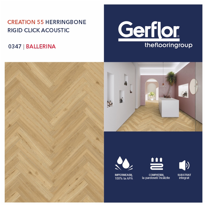 Пол GERFLOR Rigid Acoustic, Creation 55 Herringbone, BALLERINA, 0347