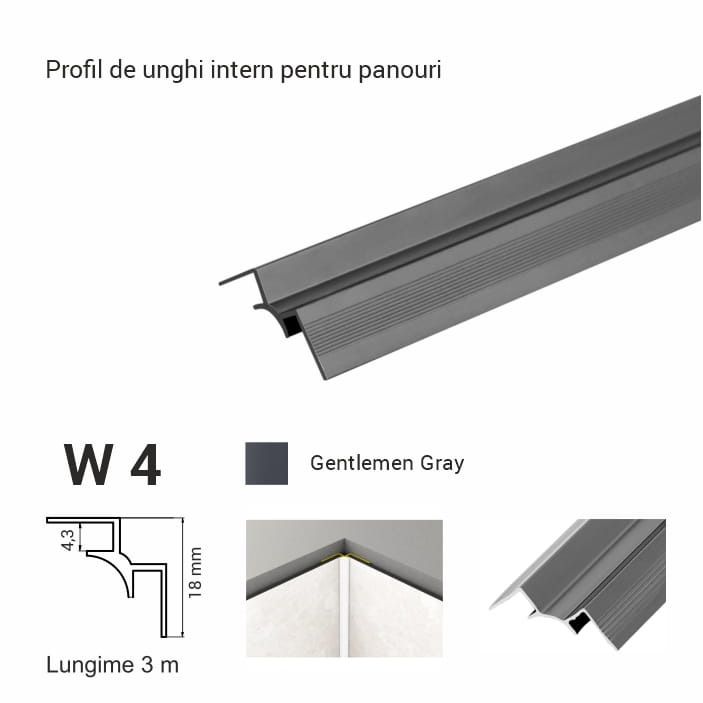 W4, Profil de unghi intern p/u panour, 3 m, Gentleman Gray