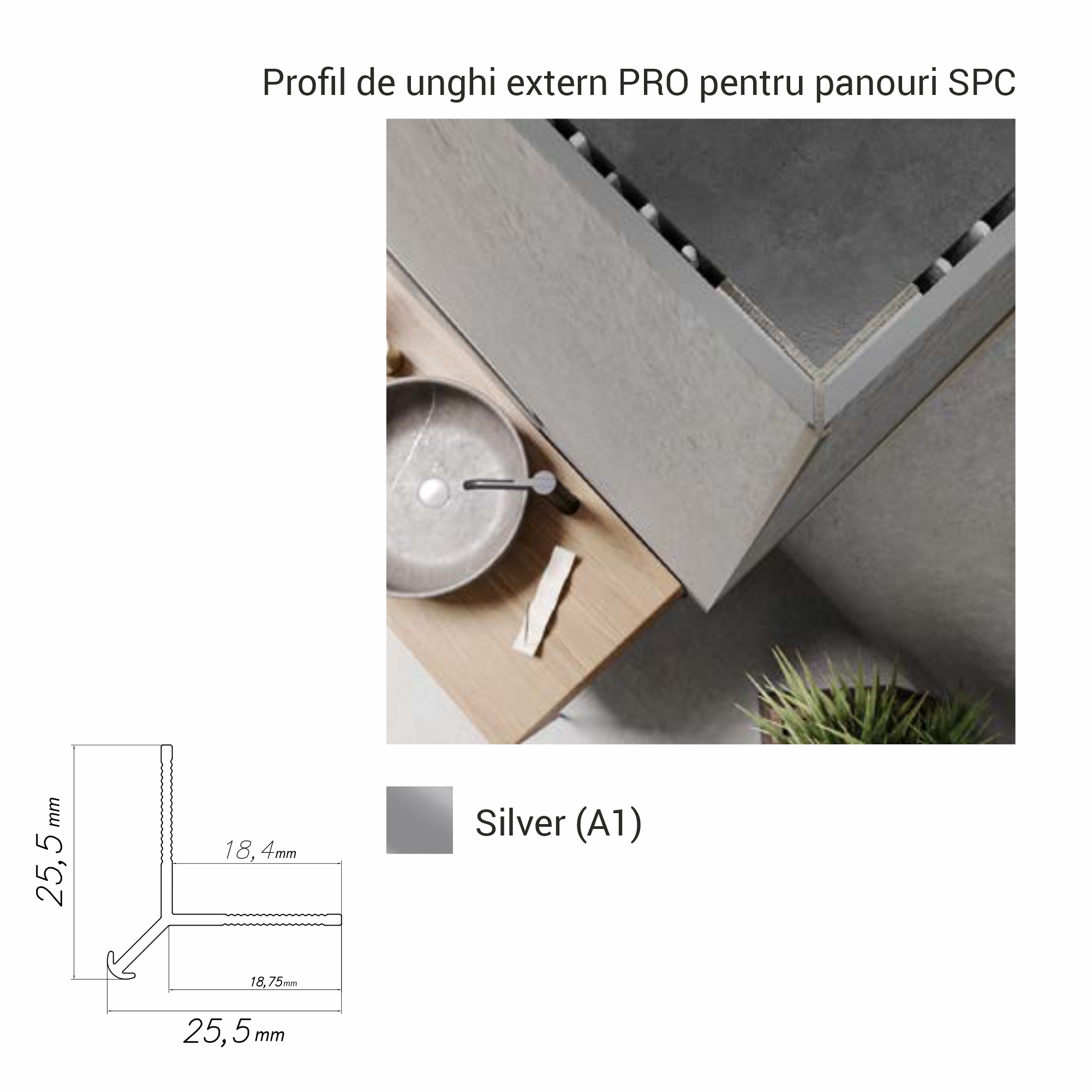 NZ PRO-A1, Profil PRO de unghi extern p/u panouri SPC, 2.8 m, Silver