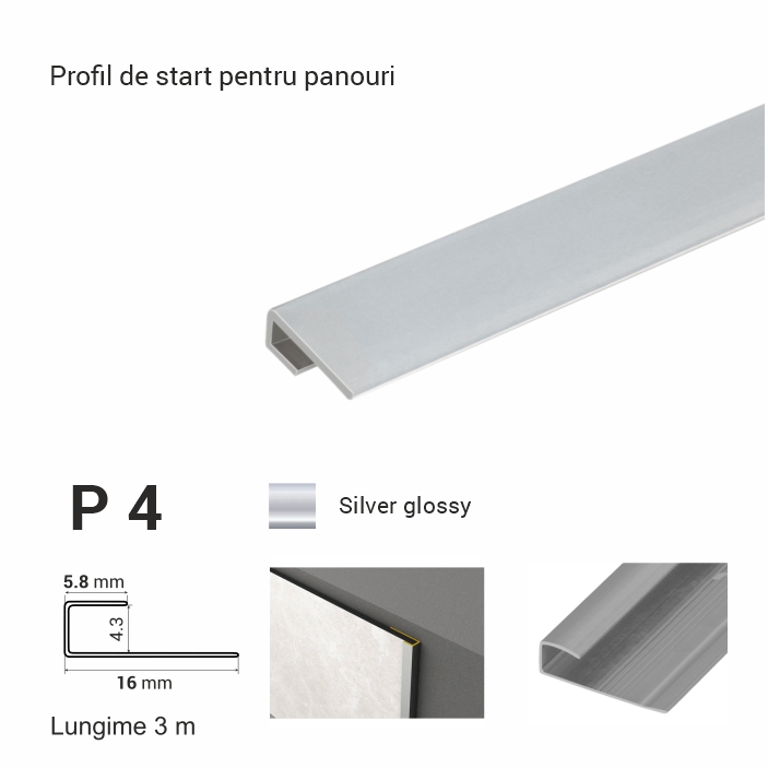 P4, Profil de start p/u panouri, 3 m, Silver Glossy