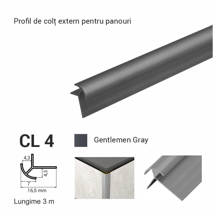 CL 4, Profil de unghi extern p/u panouri, 3 m, Gentleman Gray
