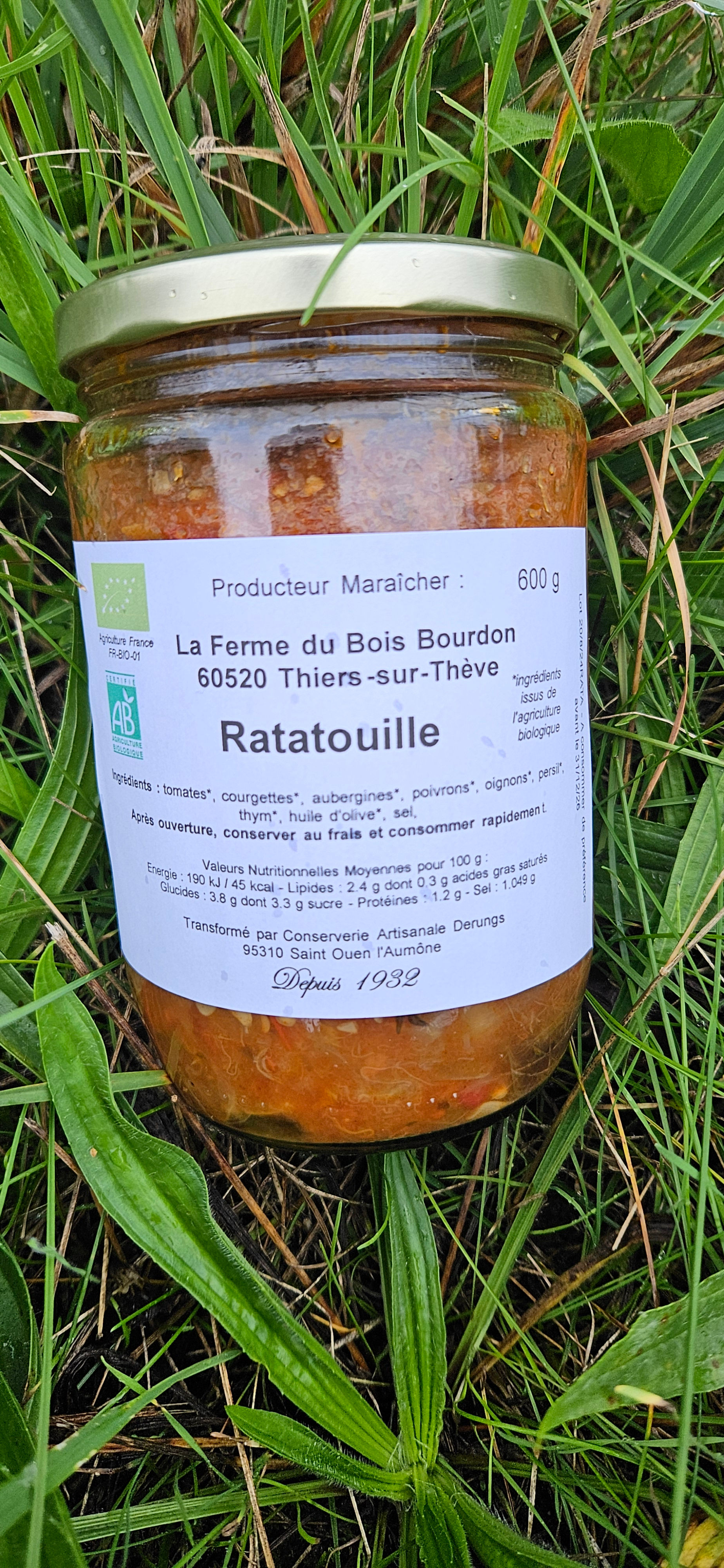 Ratatouille BIO artisanale, cuisinée avec les légumes bio de la Ferme du Bois Bourdon : tomates, aubergines, poivrons et thym