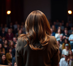 a woman with brown hair, medium long length standing on a stage speaking to a crowd, viewi