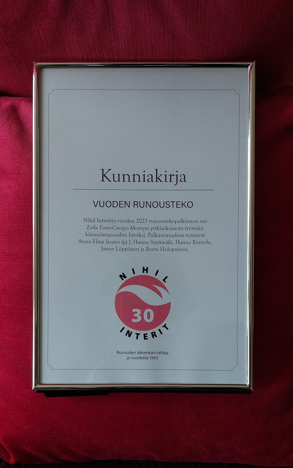 Kunniakirja - Nihil 2023 -Zoila Forss-Crespo Moreyra