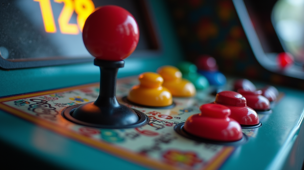 Eye-level view of a classic arcade cabinet with colorful buttons and joystick