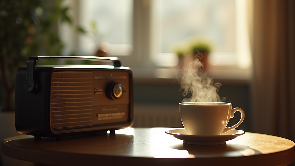 Close-up view of a vintage radio and a steaming cup of coffee on a side table
