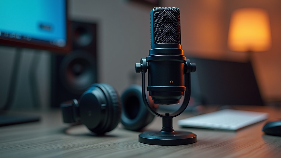 Close-up view of a professional podcast microphone with headphones on a desk