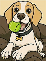 Cartoon image of Noodle holding his tennis ball in his mouth, whilst laid in a sofa