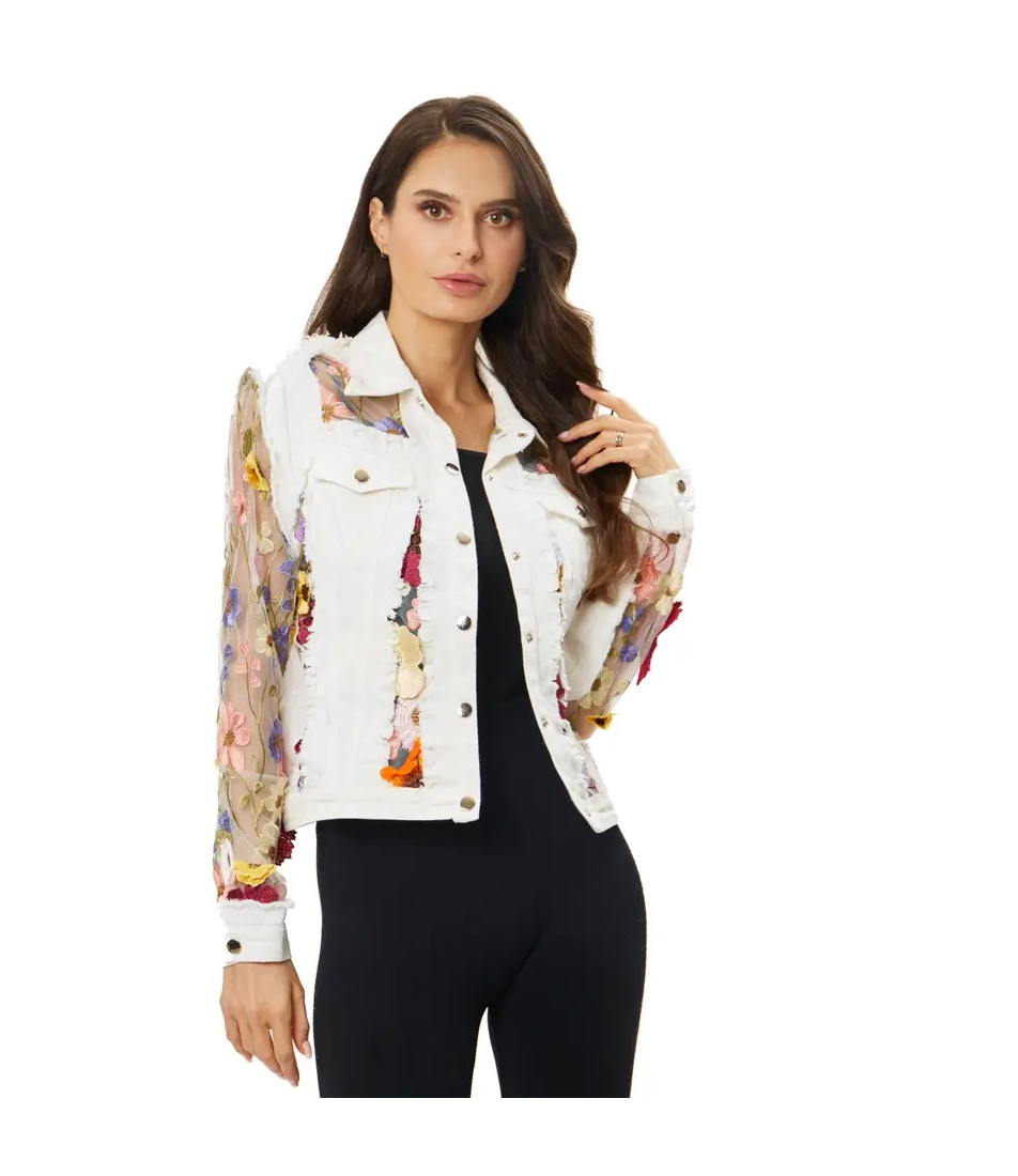 Thumbnail: Denim Jacket with Floral Embroidery and Mesh Sleeves
