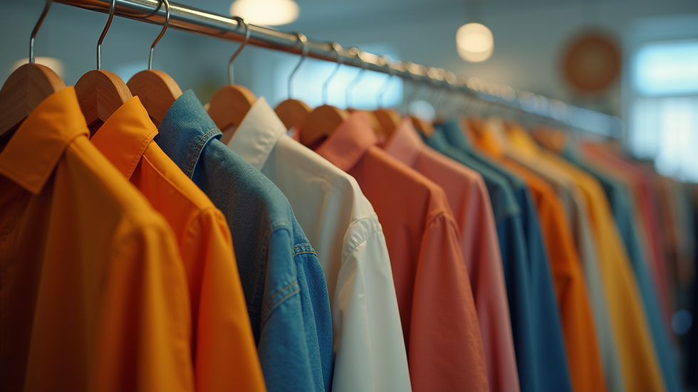 Eye-level view of a clothing rack with colorful outfits