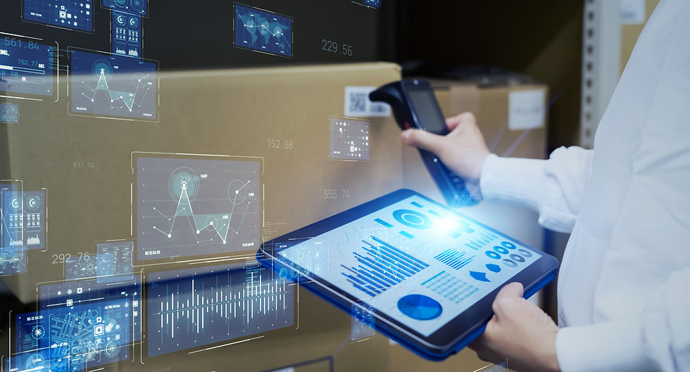 A person uses a barcode scanner and tablet to digitally manage warehouse inventory, with holographic data displays highlighting the integration of technology in logistics.