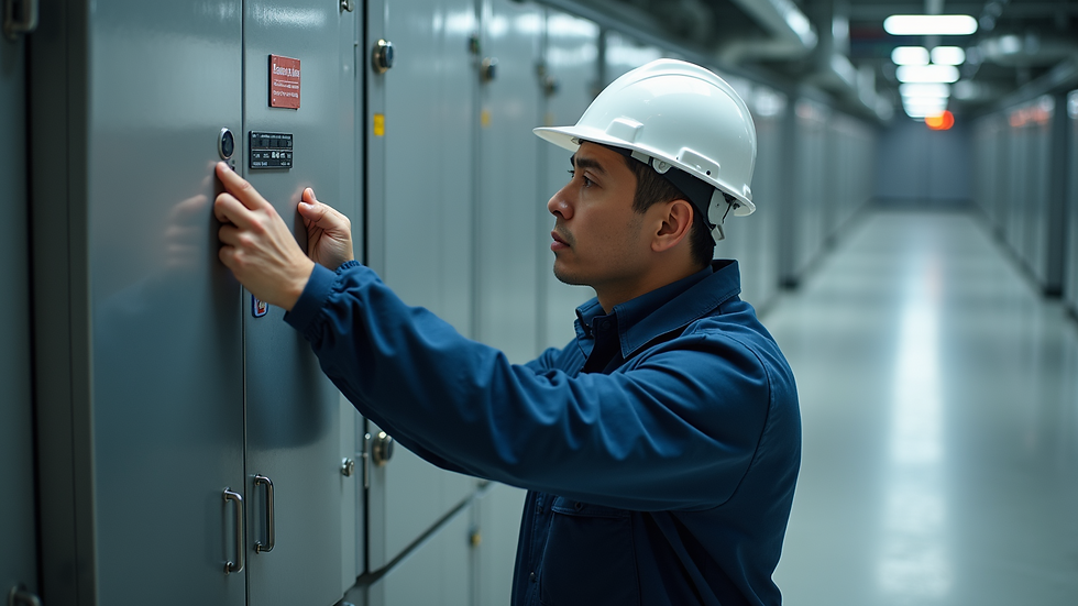 High angle view of a facilities assistant checking building systems