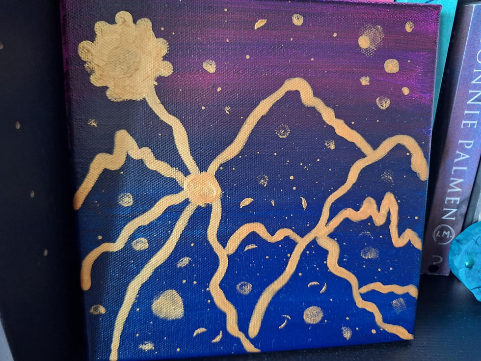 Eigen schilderij met paarse, blauwe en goude tinten