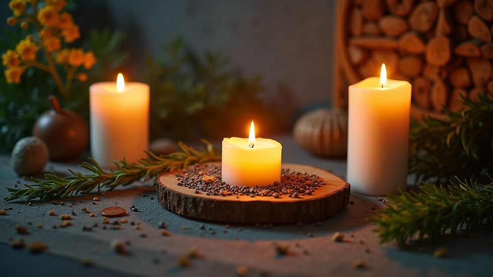 Eye-level view of a protective altar adorned with candles and herbs