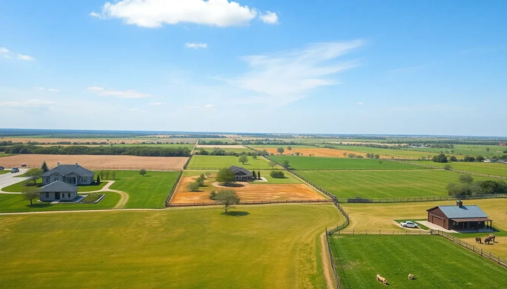 aerial view of houses and empty lots - rural land for sale in texas