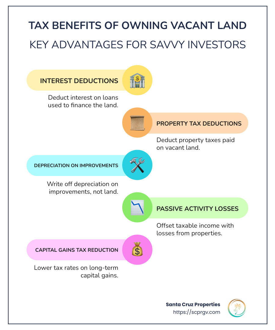 Infographic showing tax benefits of vacant land, including interest deductions, property tax deductions, depreciation on improvements, PALs, and capital gains rates - tax benefits of owning vacant land you need to know about infographic infographic-line-5-steps-colors