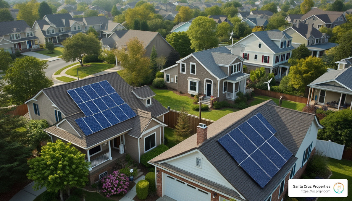 A suburban neighborhood with houses featuring solar panels, wind turbines, and rainwater harvesting systems, emphasizing sustainable living - sustainable real estate development