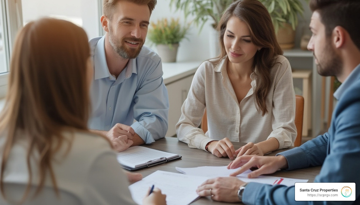 A couple sitting at a table with a seller, reviewing documents and discussing terms, representing the owner financing process without credit checks - buy land no credit check