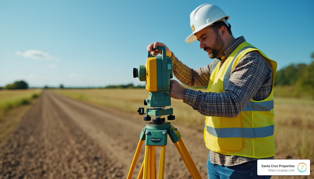A surveyor in a safety vest and hard hat using a theodolite to measure land boundaries in a rural setting - how to flip land
