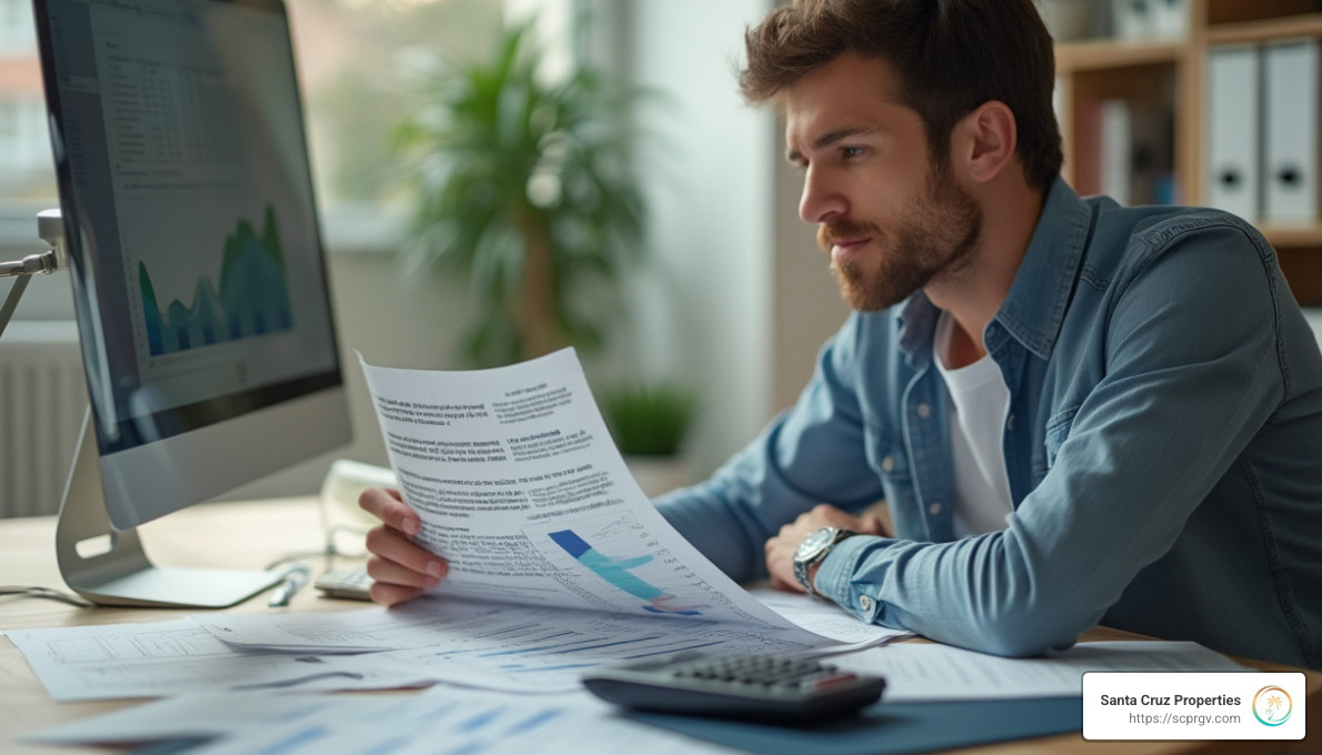 Person reviewing credit reports and financial documents at a desk, representing strategies to improve credit scores before buying land - how to buy land with bad credit