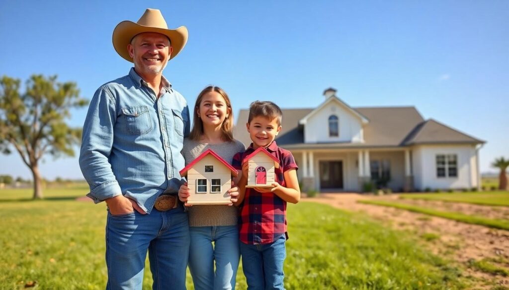 man with kids holding model house in front of real house - homes for sale with acreage