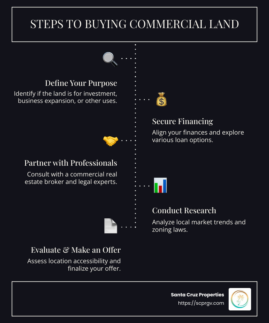 Infographic depicting the steps to buying commercial land: Define purpose, Secure financing, Partner with professionals, Conduct research, Evaluate location, Make an offer, Close the deal. - how to buy land for a commercial building infographic infographic-line-5-steps-dark