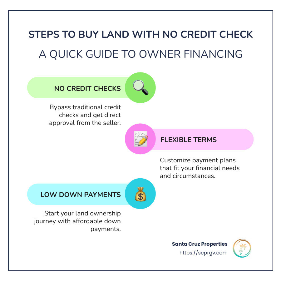 Infographic explaining no credit check land buying benefits - buy land no credit check infographic infographic-line-3-steps-colors