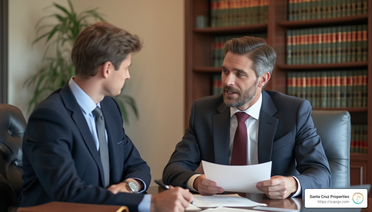 A buyer and a lawyer discussing land contracts, with legal books and folders visible in the background - do i need a lawyer to buy land?