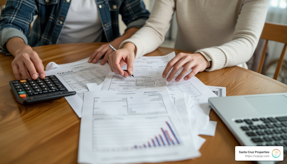 A couple reviewing financial documents at home, highlighting the financial planning aspect of owner financing - how does owner finance work on a home