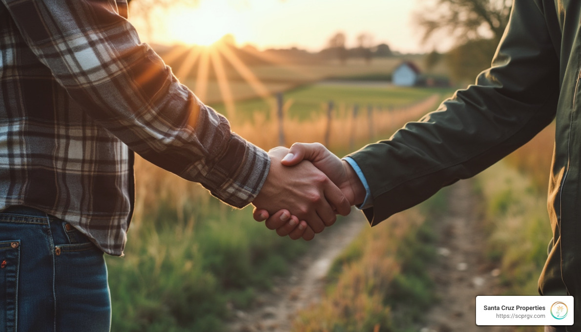 handshake between a buyer and a seller in front of a rural property, symbolizing a seller-financed land deal - buy land owner financing