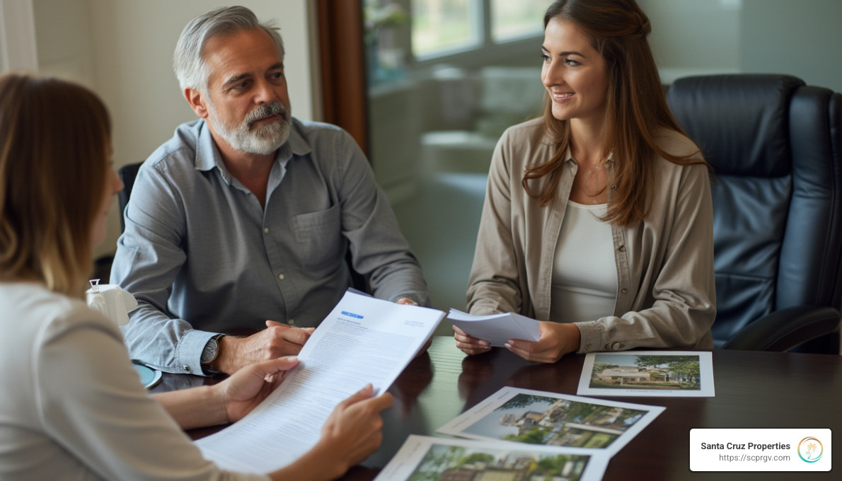 Couple sitting at a real estate office, listening to an agent explain contract details, with property brochures on the desk - real estate contracts explained