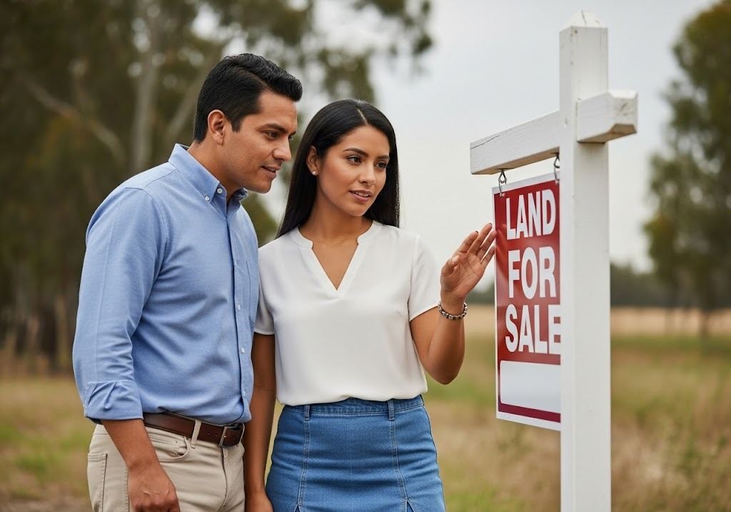man and woman looking at land for sale sign - How do I start my land ownership journey with no credit